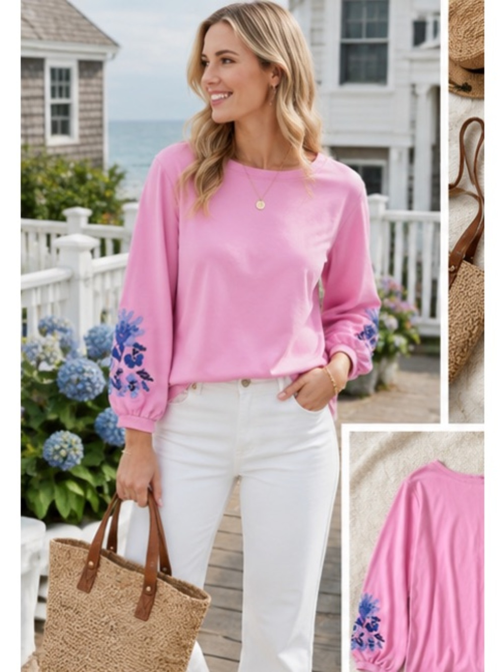 Ann Taylor Pink Floral Embroidered Balloon Sleeve Top Large - Picture 2 of 10